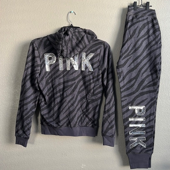 VS Pink Bling large logo gray leopard hoodie & pants set - Picture 1 of 5